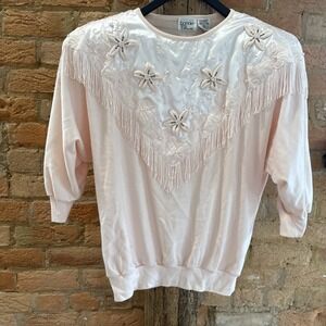 Vintage Bonnie And Bill by Holly Pink Embellished Fringe Floral Sweater 70s 80s